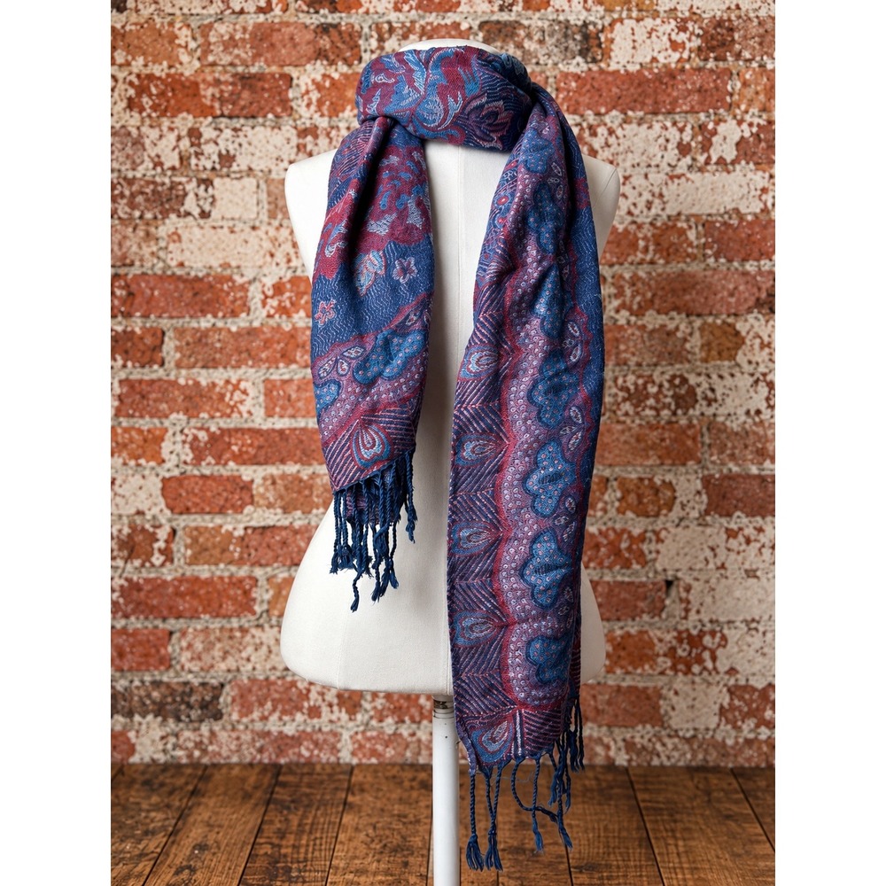 Blue Burgundy Peacock Floral Paisley Woven Scarf Boho Eclectic Rave Festival